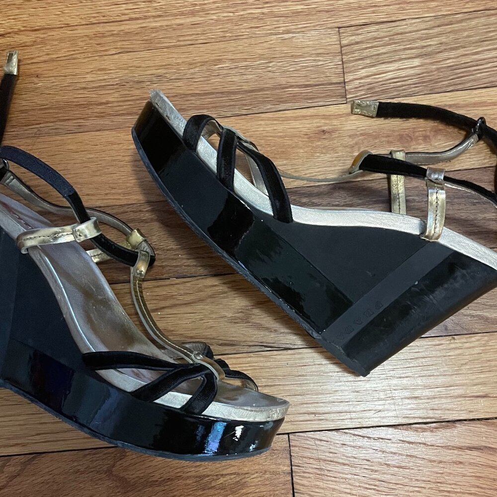 Women's Prada black and gold wedge sandal, size 11 - Picture 2 of 2